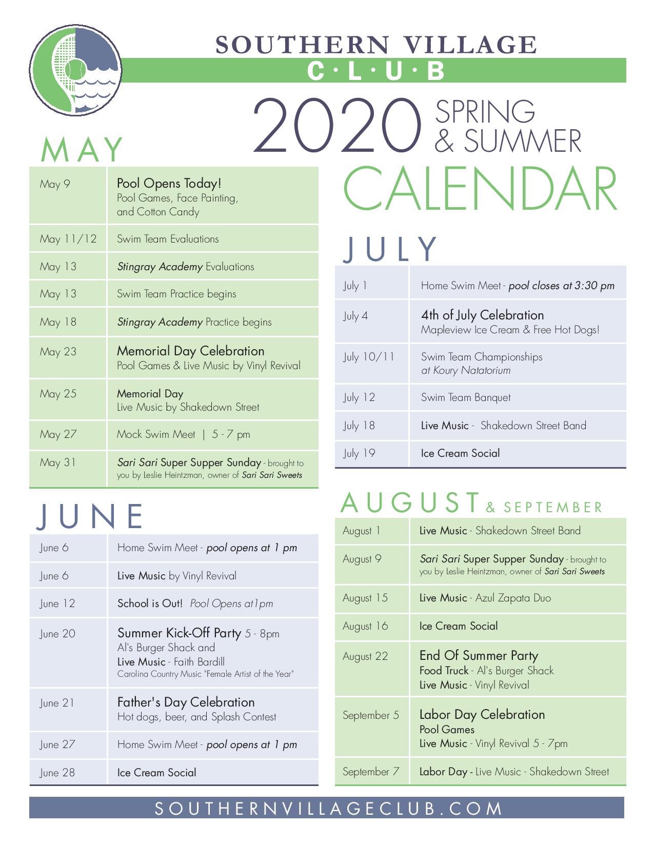 2020 Spring & Summer Club Calendar 2020 Spring & Summer Club Calendar